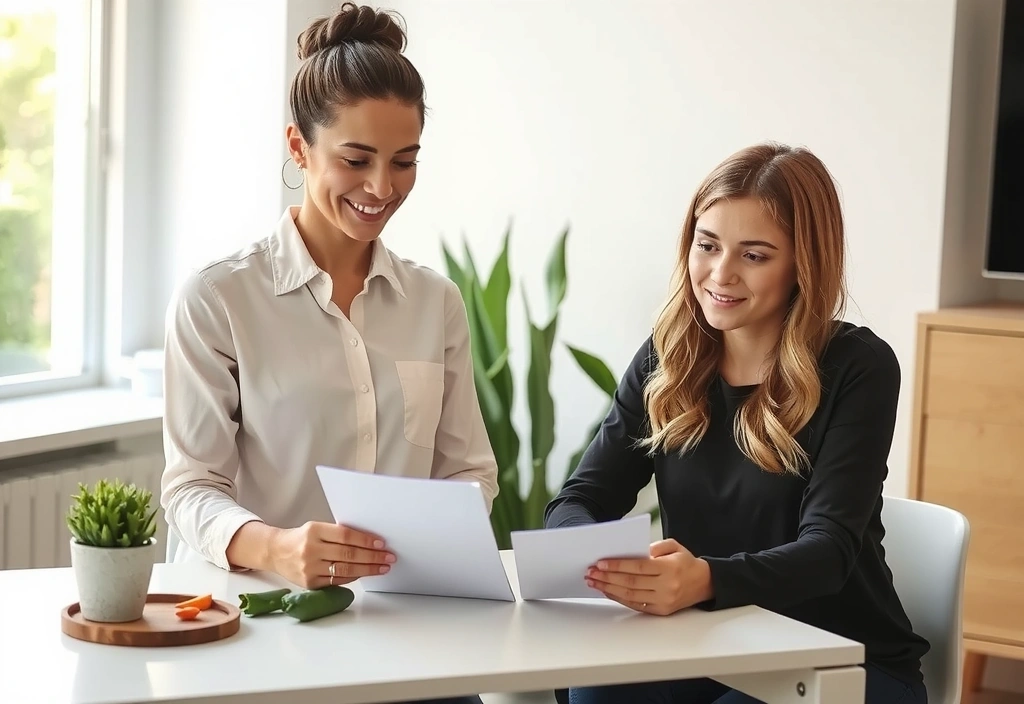 Ernährungsberaterin im Gespräch mit Klientin in heller Praxis